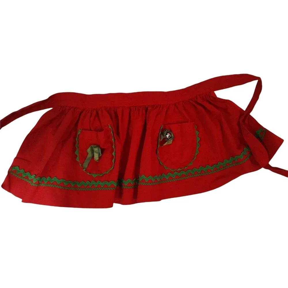 Childs Vintage Half Apron Christmas Red  Jingle Bells Green Rick Rack